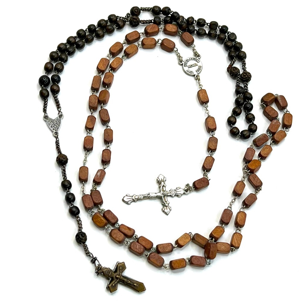 2 Wood Rosary Bead Cross Crucifix Necklaces